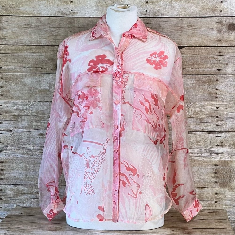 Carole Little Saint-Tropez West Vintage Silk Coral Tropical Print Blouse Size 8